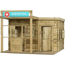 Speelhuisje Leon (SwingKing) | Luxe houten kinderhuisje (4-1) voor Buiten in de Tuin | Ziekenhuis, Politie, Brandweer en Tankstation | Voor Kinderen vanaf 3 Jaar | FSC Hout